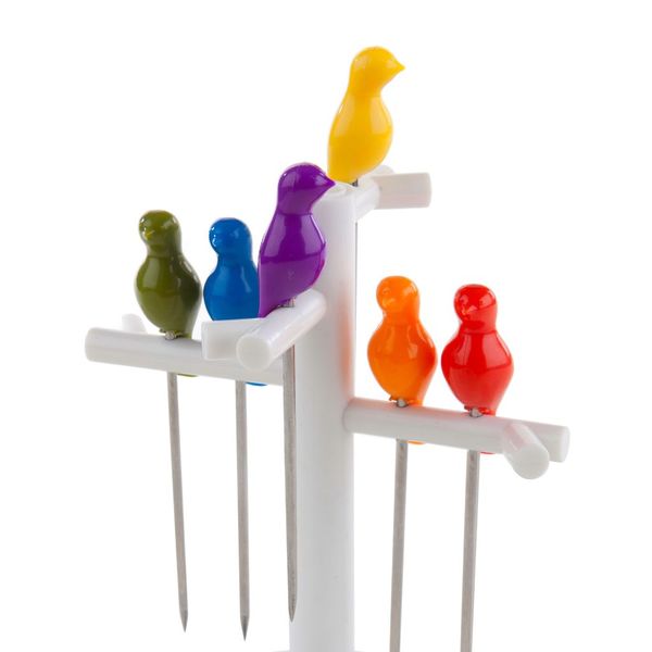 Balvi Snack fork Birdies 6 forks or metal sticks Shaped bird and 1tree shaped base Plastic