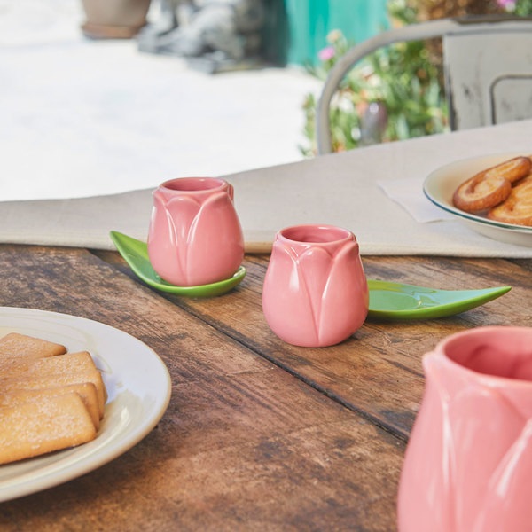 alvi Set tazas café Tulip Color rosa/verde 2 tazas con forma de tulipán y 2 platos con forma de hoja