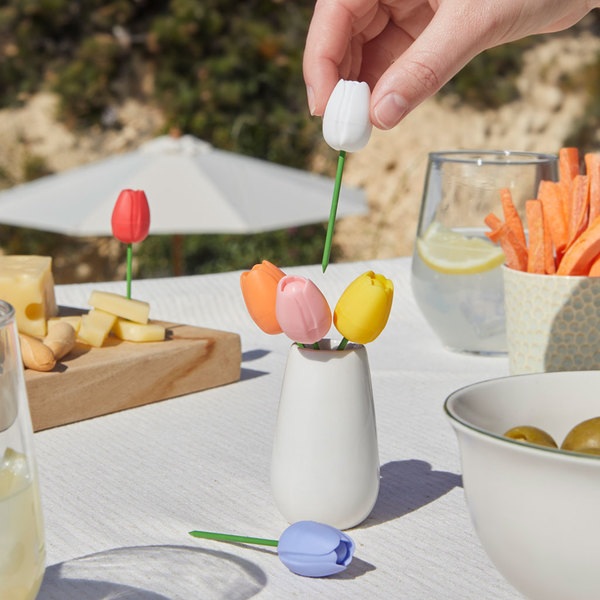 Balvi Tenedor aperitivo Tulip 6 pinchos con forma de tulipanes de color Cerámica/inox/silicona