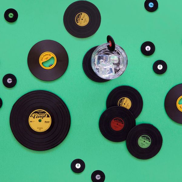 Balvi Coasters The Coaster Black colour Set of 4 coasters Shaped vinyl record Silicone 9 cmPRACTICAL