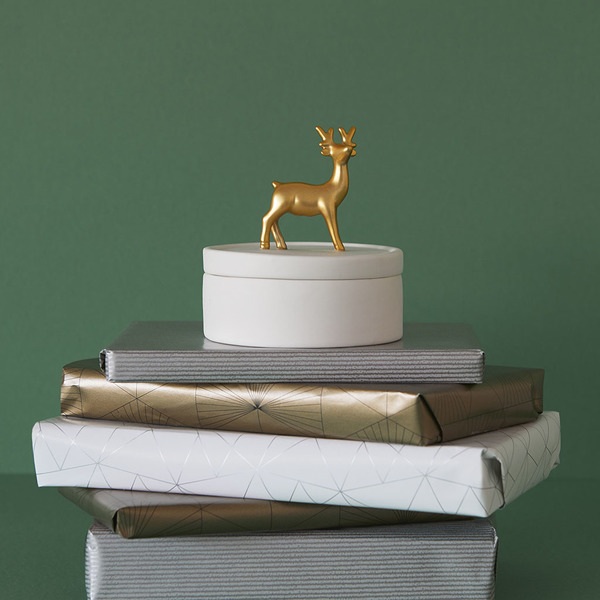alvi Caja joyero Deerling Color blanco y dorado mate Caja de cerámica para joyas con tapa y figura d