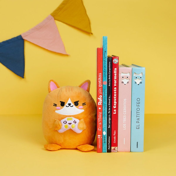 Balvi Buchstützen Kawaii Gamer Farbe Orange Videogames spielende Katze Polyester
